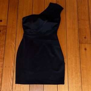 One shoulder, classic little black dress with semi opaque mesh panels size M